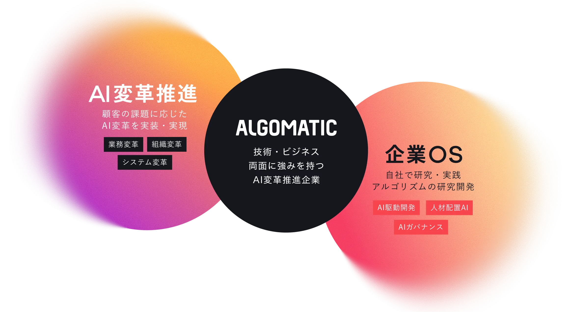 AI変革推進と企業OS — 技術・ビジネス両面に強みを持つAI変革推進企業であることを表す図